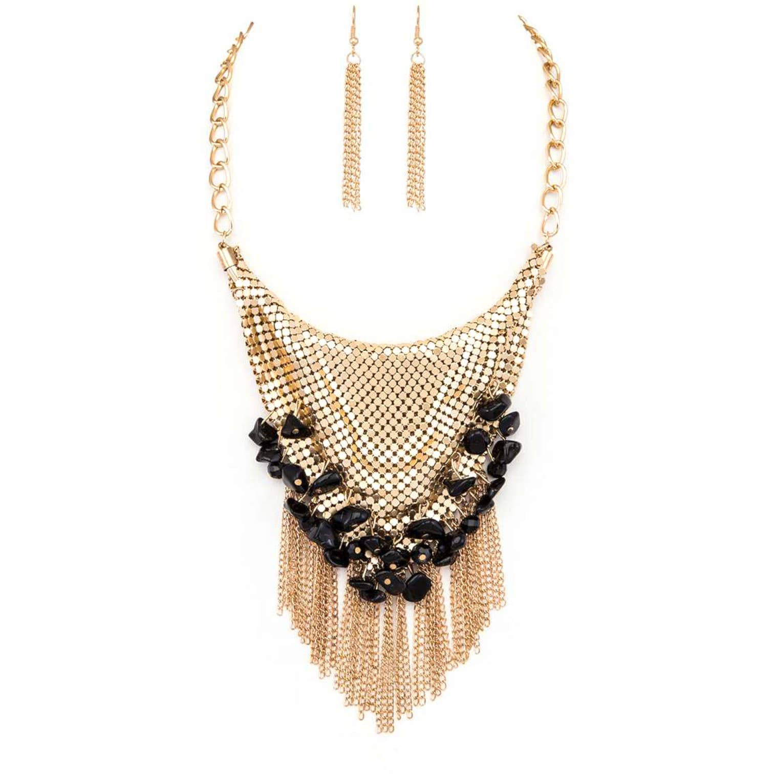 Rope & Spurs - Wholesale Jewelry Set - Chainmail Bib Stone Nuggets Fringe Chain Statement Necklace1