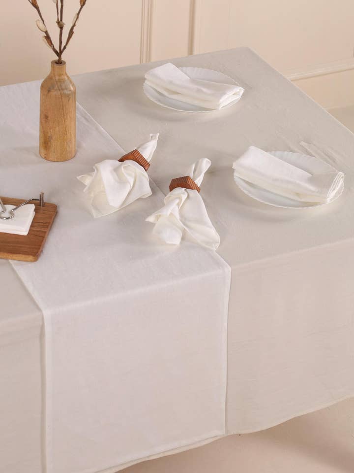 White Linen Napkin Set with Wooden Rings & Napkin Holder for wholesale by Eyda Homes