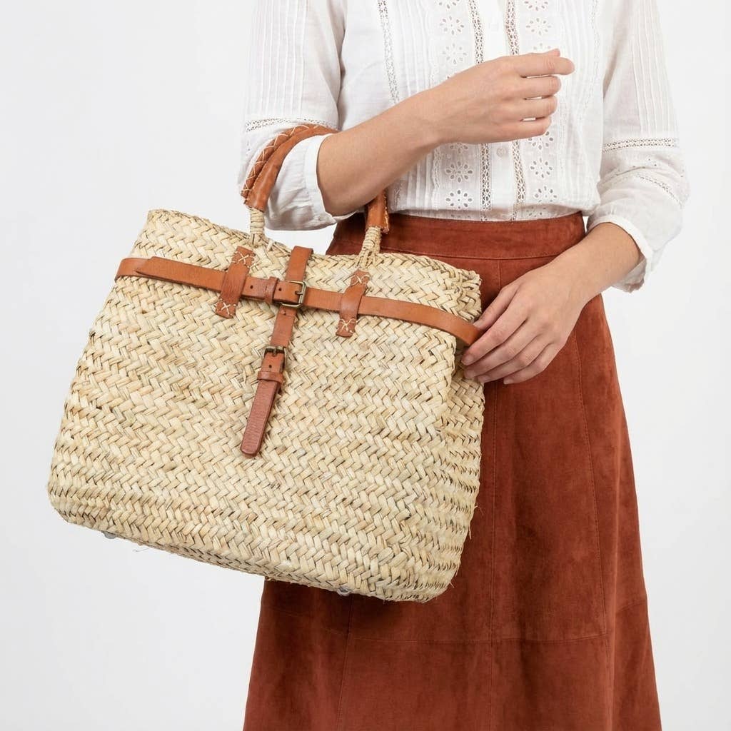 Melecraft - Wholesale Tote Bag - Women's - Woven Straw Market Basket Bag Leather Crossbody Tote3