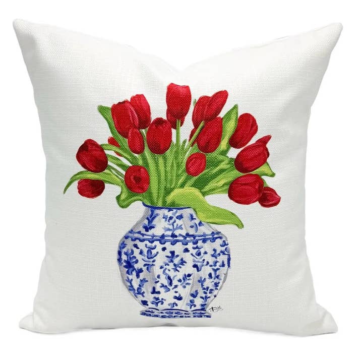 Coussin Tulipes Rouges Chinoiserie pour la vente par Rachel Brooks Design, LLC