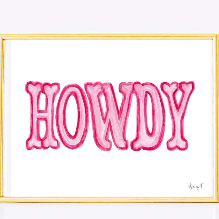 Print | Hot Pink Howdy Watercolor Print | Western Decor | Southern | Pink Cowgirl Art | Dorm | Rustic Decor | Pink Preppy Coastal Cowgirl for wholesale by Shop Art by Audrey
