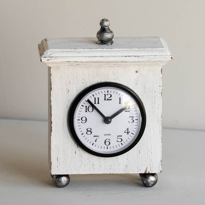 Ramona Square White Wood Tabletop Clock with Silver Accents for wholesale by Foreside Home & Garden