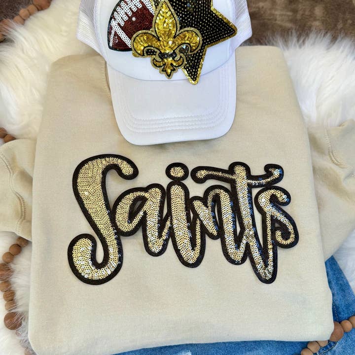 sequinandstiches - Wholesale Patch - Sequin Script Saints Patch: Black Glitter Iron On Applique, School Mascot1