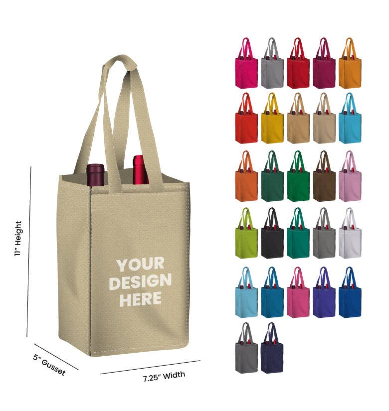Non Woven Totes - Wholesale Wine tote - Reusable 2-Bottle Wine Tote Bag-7.25x11x5 with Bottom Gusset | Custom Printed Wine Totes