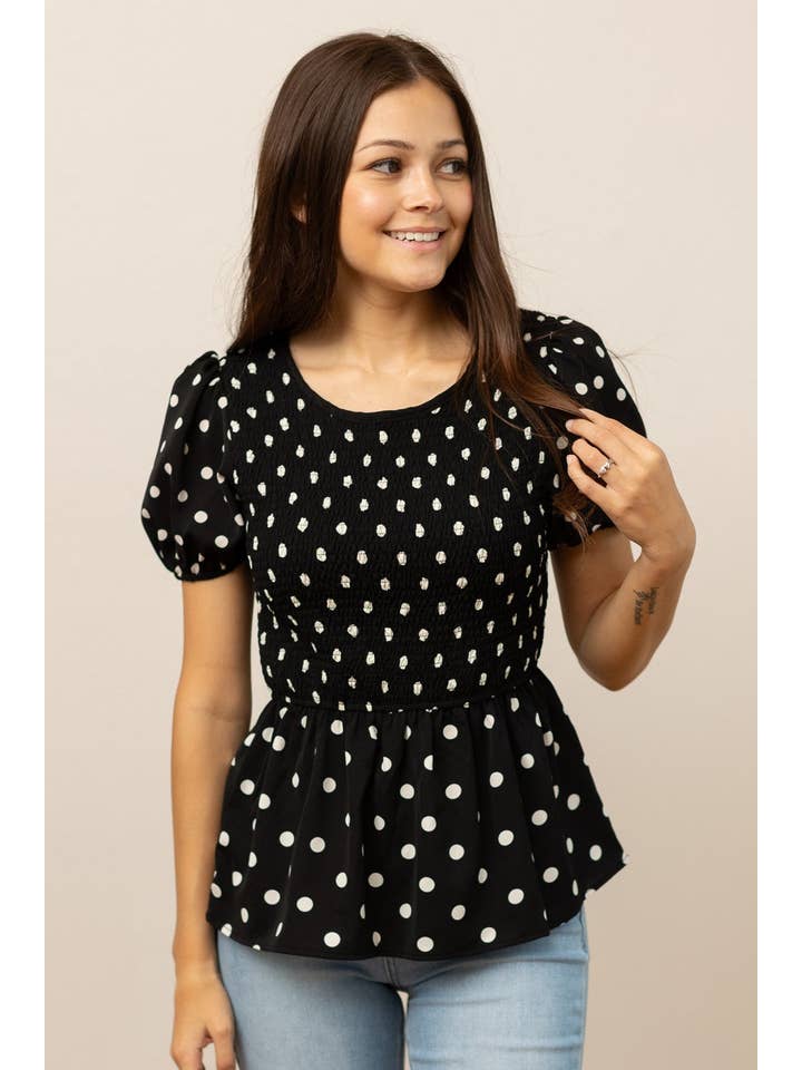 Black Polka Dot Smocked Blouse for wholesale on Faire