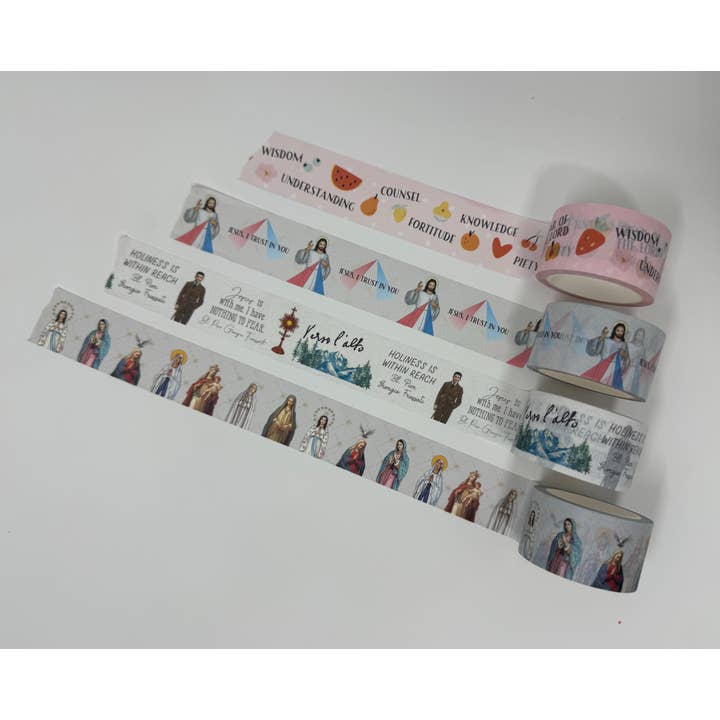 Meyer Market Designs - Wholesale Washi Tape - Set of 4 Catholic Washi tape rolls. Frassati, Marian, Divine