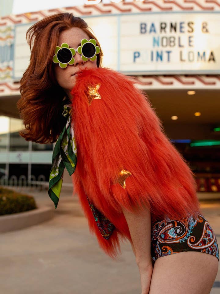 Planet Queen Orange Faux Fur Jacket for wholesale by Jennafer Grace