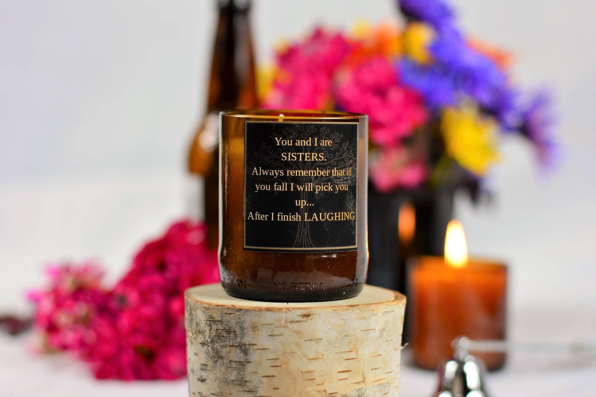Black Oak Soap Company – wholesale Jar/filled candle – "You and I are sisters" Funny Beer Bottle Candle | 6 oz