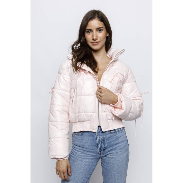 PINK JT6514- SOLID RIBBON BOW PUFFER JACKET for wholesale on Faire