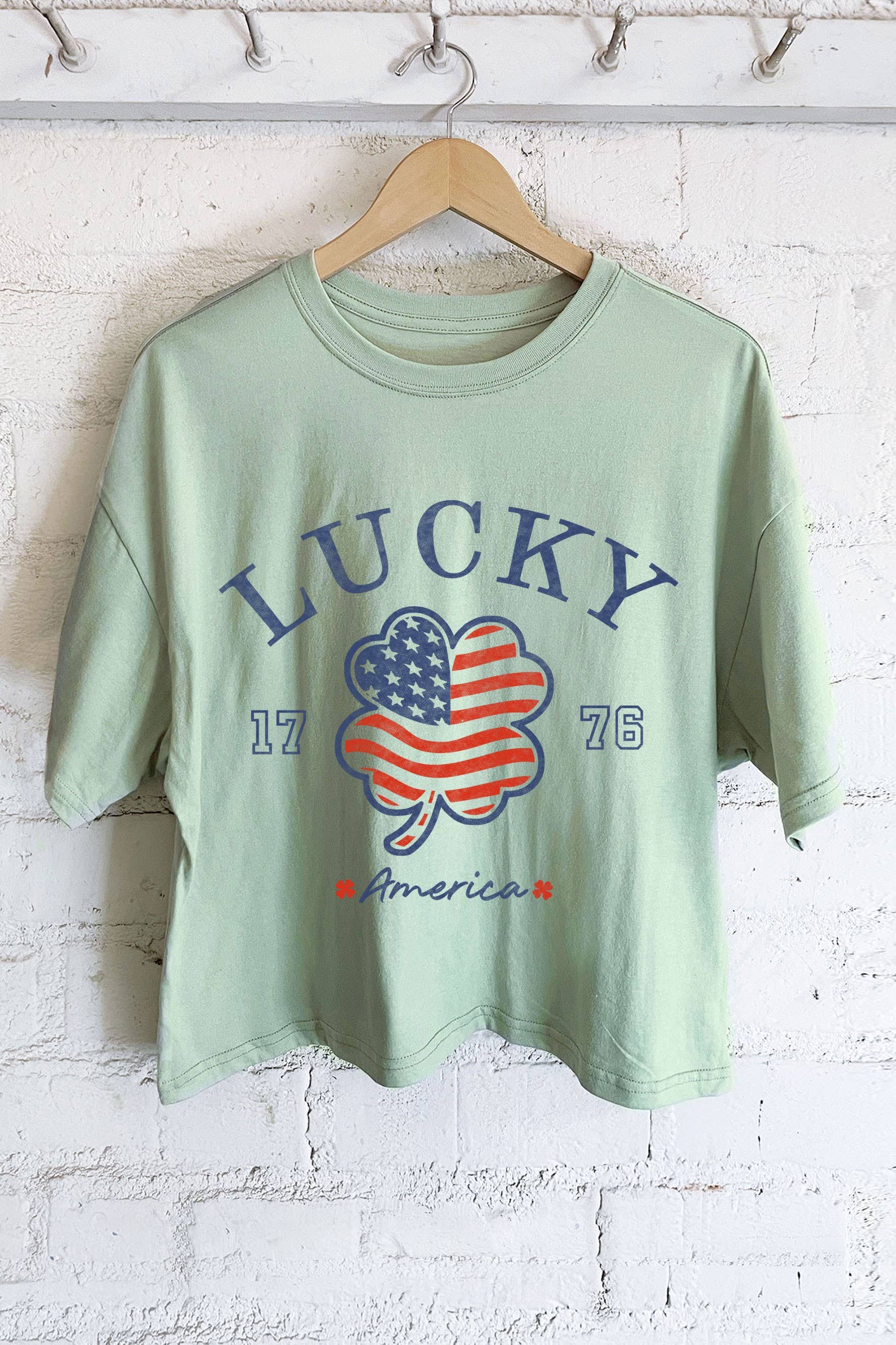 Rustee Clothing - Wholesale Screen Printed T-Shirt - Women's - LUCKY AMERICA CLOVER FLAG GRAPHIC LONG CROP TOP0