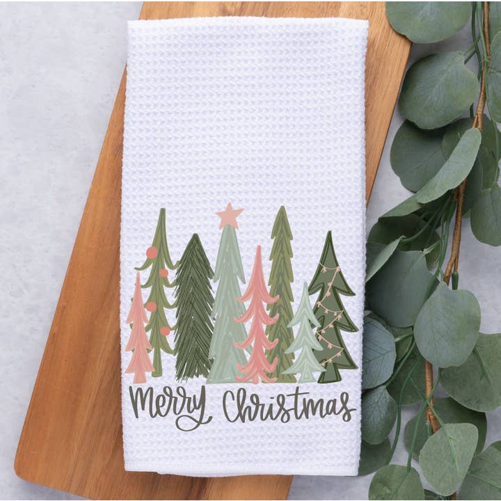 Merry Christmas Trees Waffle Weave Kitchen Dish Towel for wholesale by Painted Skies