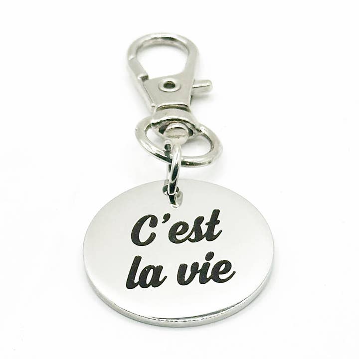 Cest La Vie Stainless Steel Clip On Charm French Quote Charm Inspirational Bag Charm Minimalist Keychain Charm Gift for wholesale by JKCE Designs