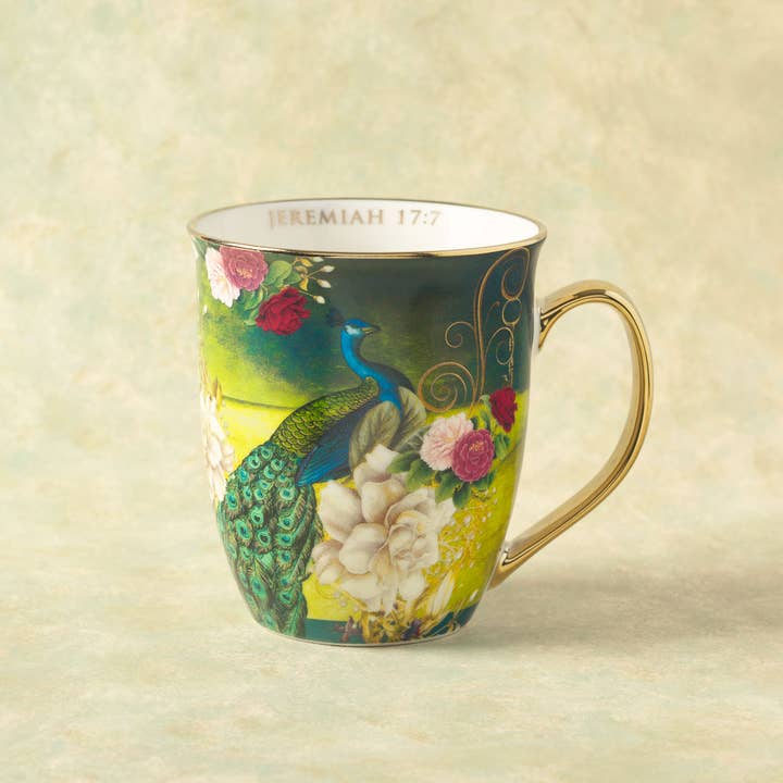 Christian Art Gifts - Wholesale Coffee Mug - Mug Blue/White Peacock Blessed Jer. 17:7