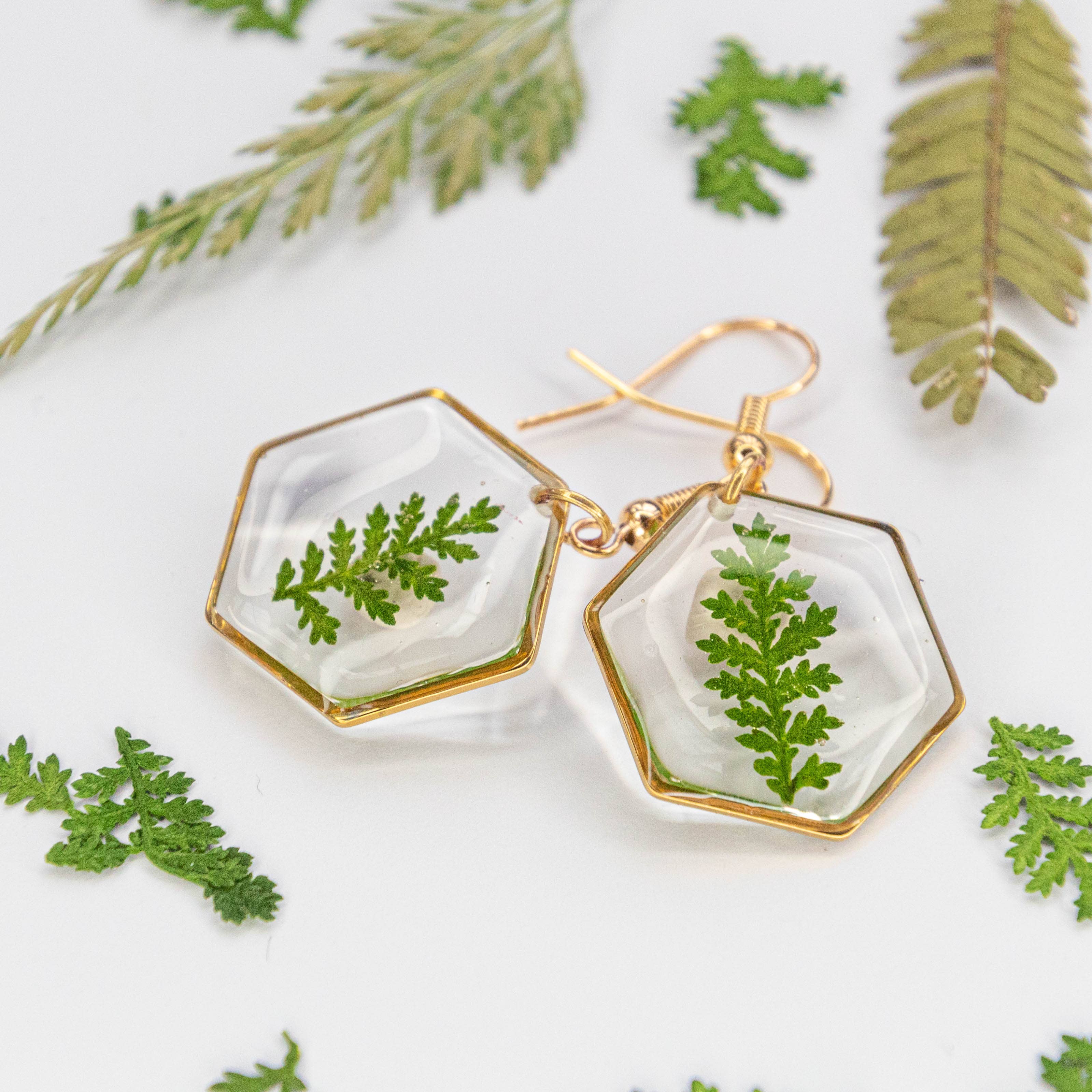 Allie and Posie – wholesale Dangle earrings – Mia hexagon dangle earrings with real dried fern in resin4