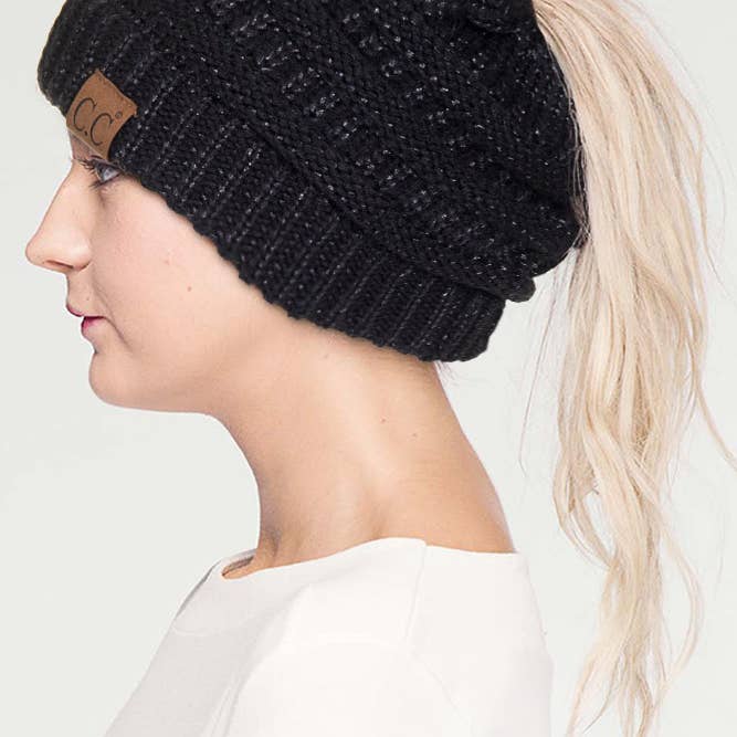 Hana - Wholesale Beanie - Women's - C.C Metallic Messy Bun Ponytail Beanie
