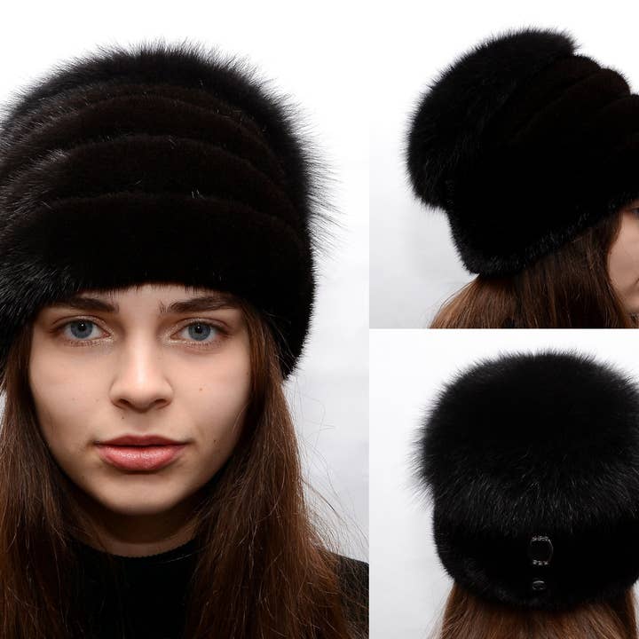 Women's Mink Hat Made Of Mink With Fox Fur Pompom Mink Hat Pom Pom Hat Pom Pom Beanie Fur Pom Pom Hat Fur Hat Real Fur Hat Real Mink Hat for wholesale by FurStyleUa
