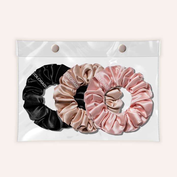 Silk Scrunchies Middies Nude Champagne, Pink Quartz, Midnight Black (Pack of 3) for wholesale by Sunday Silks
