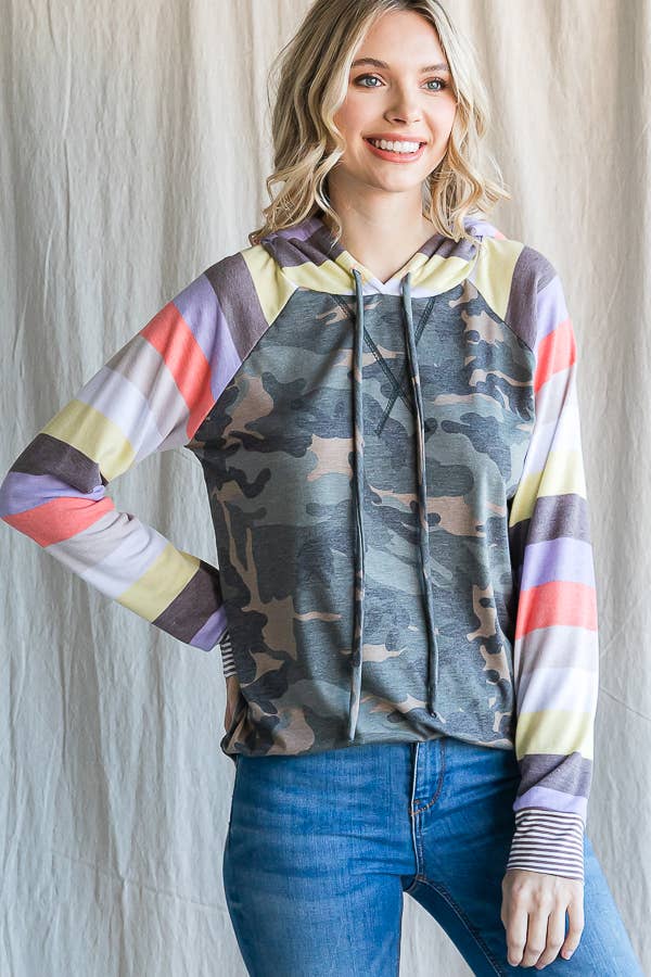 7th Ray - Wholesale Hoodie - Women's - Camo Print Stripe Raglan Sleeve Drawstring Hoodie T454913