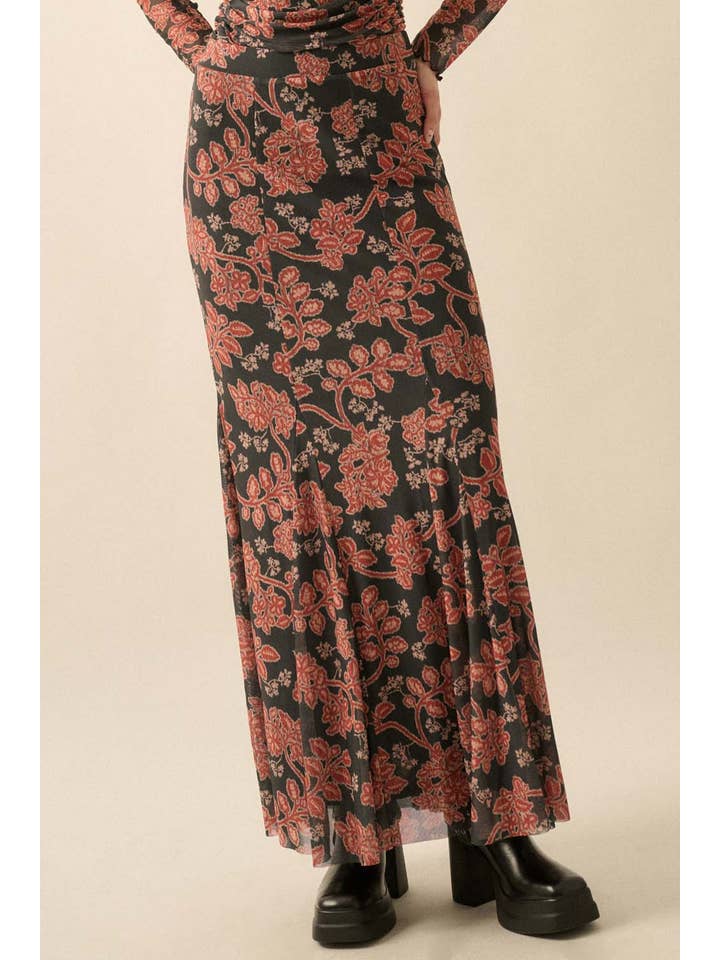 CHARCOAL Floral-Print Mesh Godet Mermaid Maxi Skirt for wholesale on Faire3