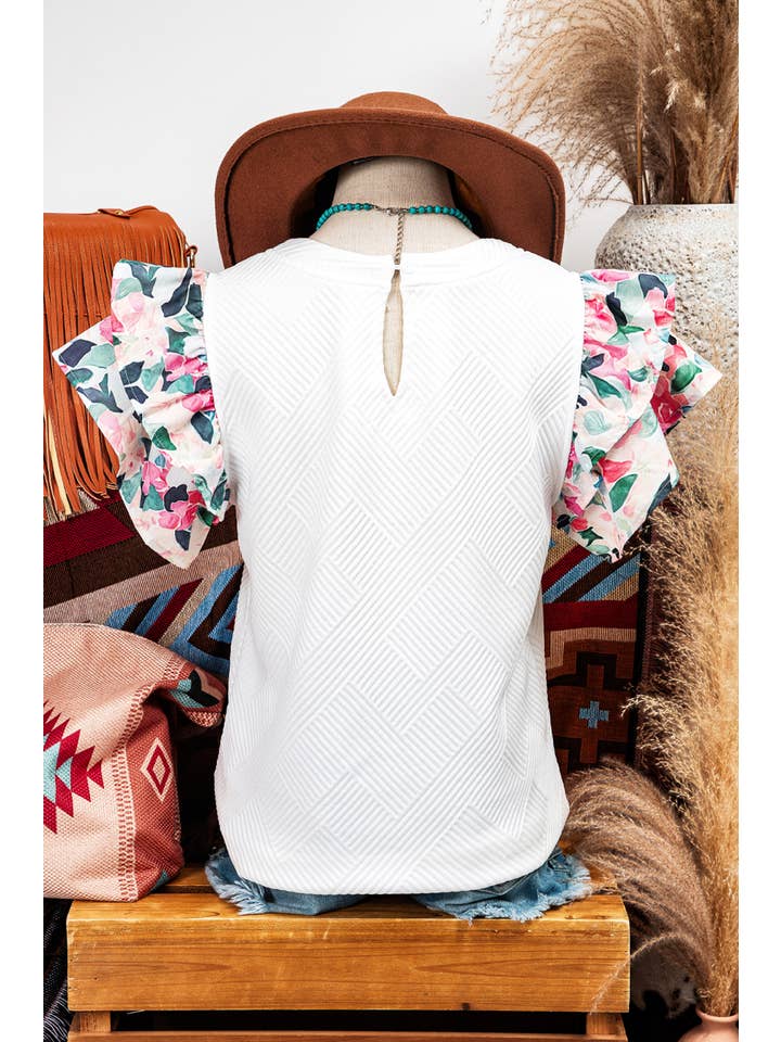 As shown Fashion-W Abstract Tiered Ruffled Sleeve Textured Knit Top for wholesale on Faire