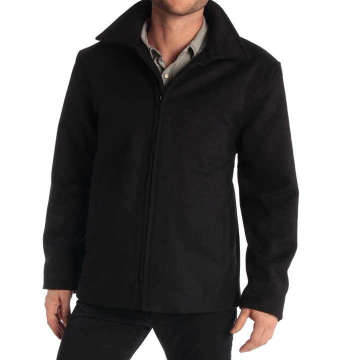 Black Grant Mens 28" Open Bottom Jacket Wool Blend JD Bomber Coat for wholesale on Faire1