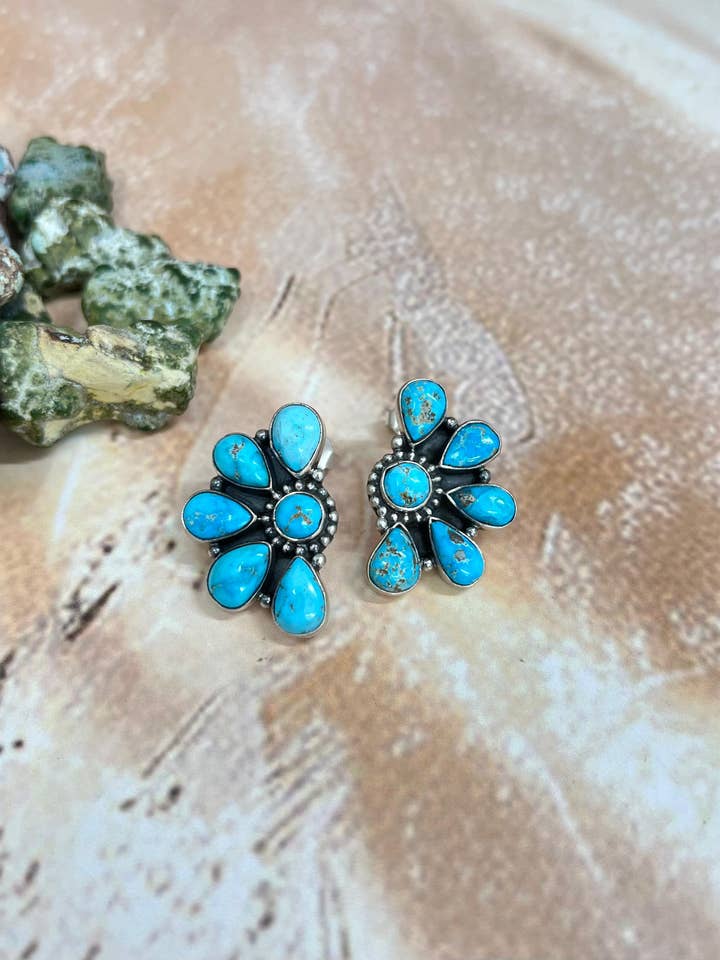 Handmade Sterling Silver Blue Bird Turquoise Post Earrings with Signed Nizhoni for wholesale by Nizhonitradersllc