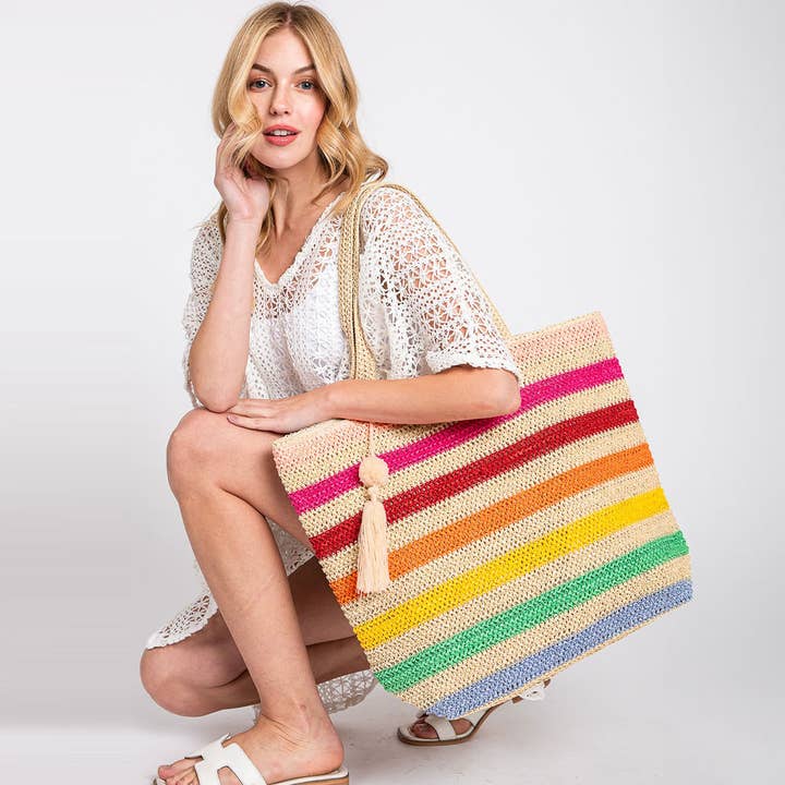 Sensibling Corp. - Wholesale Beach Bag - Pom Pom Tassel Multi Color Straw Crochet Tote Bag Beach Bag0