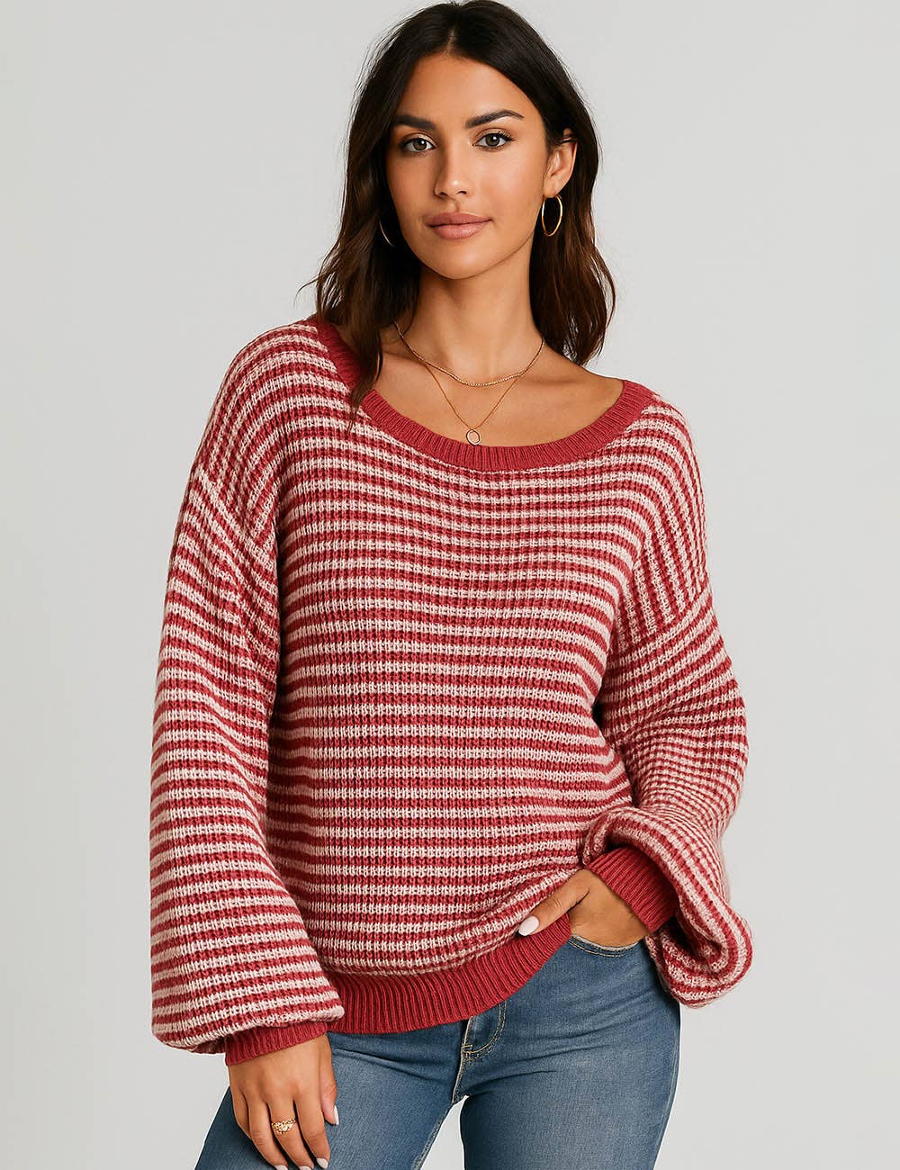 Sweetkama - Wholesale Knit Sweater - Women's - Ladies Striped Pullover Round Neck Lantern Sleeves Knit Sweater4