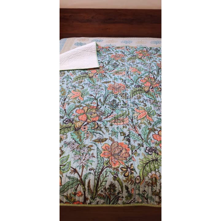 Ayras World - Wholesale Throw Blanket - Blue Floral Quilted Cotton Bed Throw Blanket2