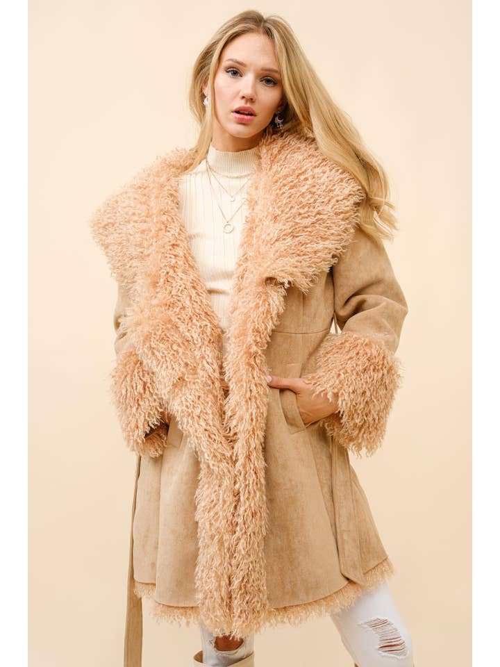 TAN 36235J - Mid Length Fur Belted Coat for wholesale on Faire