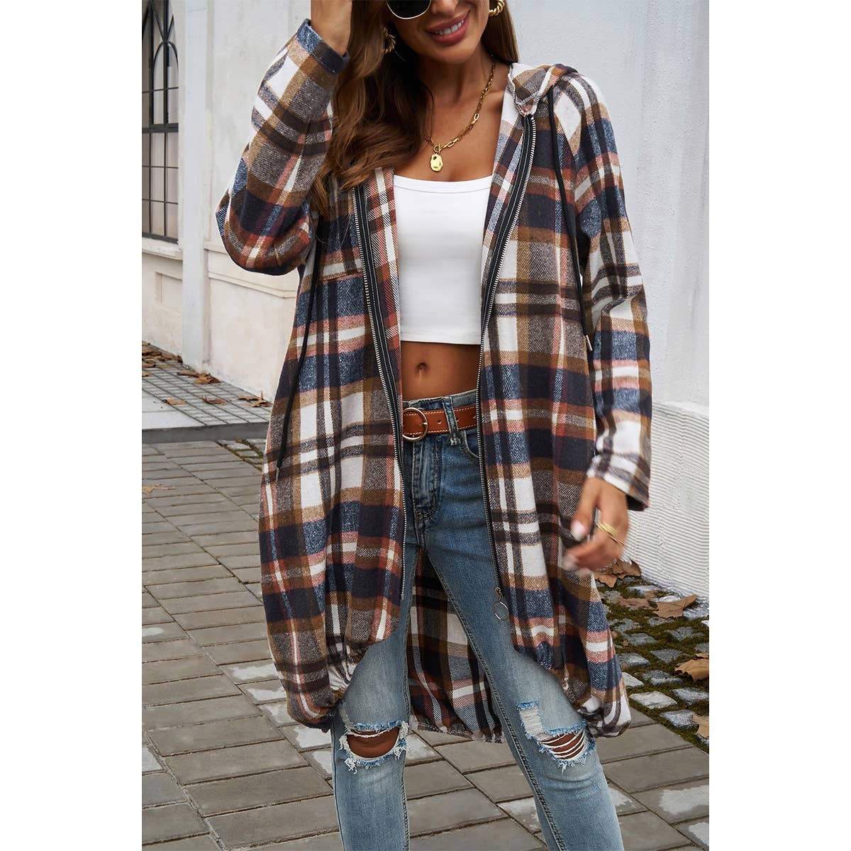 Supreme Fashion - Wholesale Coat - Women's - Plaid Zip Up Pockets Long Hooded Coat9