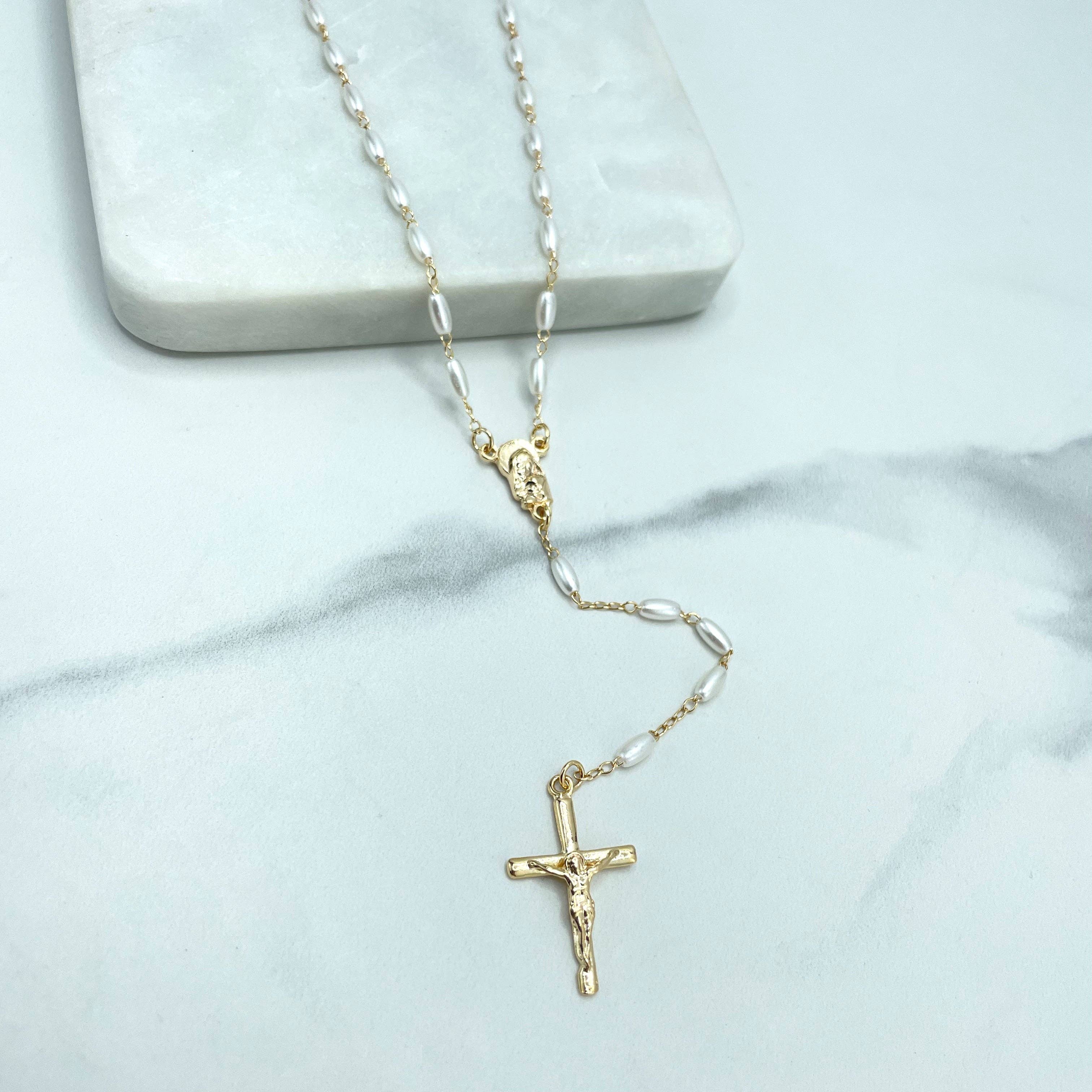 Luxus Accessories - Wholesale Prayer Beads Necklace - 18k Gold Filled Virgin Mary Face Hugging Child Jesus Christ Rosaries with Simulated Rice Pearls8