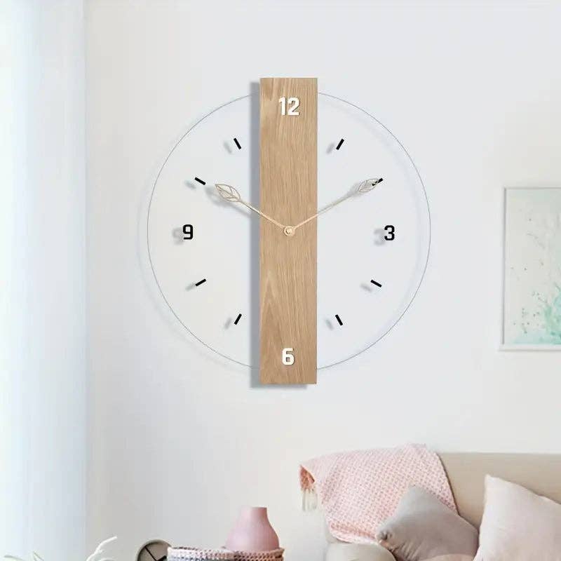 Huis Van Merken - Vendita all'ingrosso Orologi da parete - Orologio da parete silenzioso con foglia in legno e acrilico, senza ticchettio0