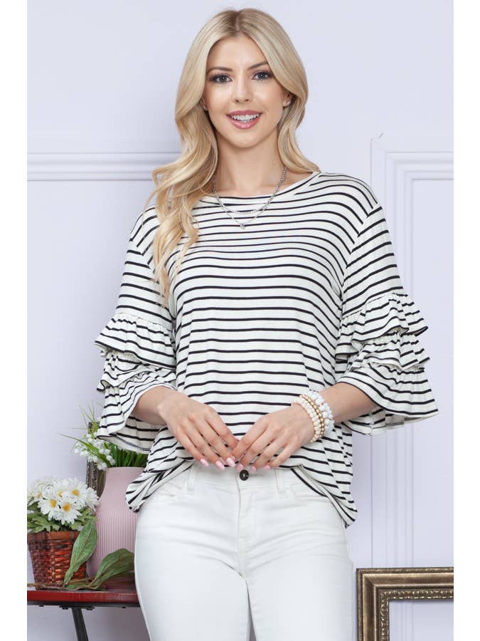 WHITE BLACK RUFFLE HALF SLEEVE STRIPE TOP for wholesale on Faire