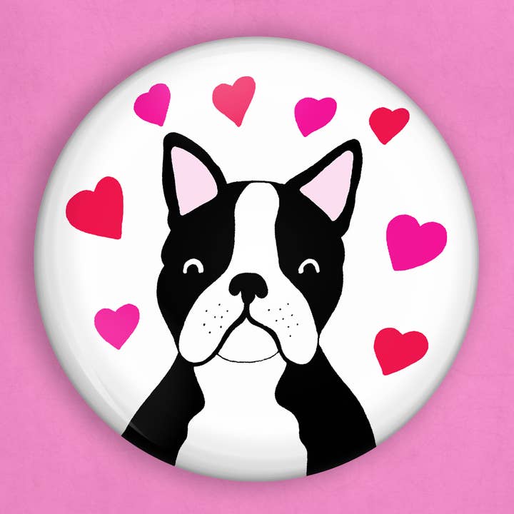 Boston terrier pin (1 inch diameter) for wholesale by Caroline W Illustration