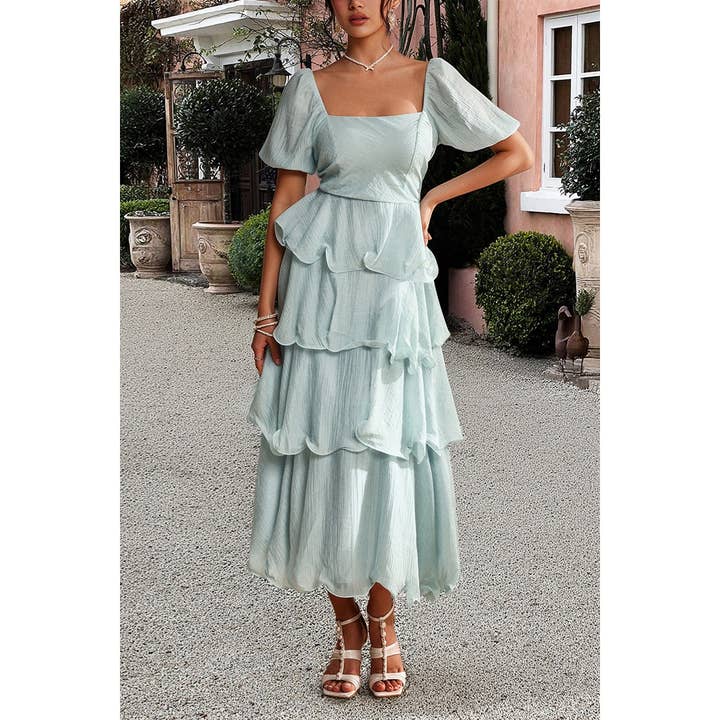 Supreme Fashion - Wholesale Dress - Women's - Off Shoulder Puff Short Sleeves Tiered Dress