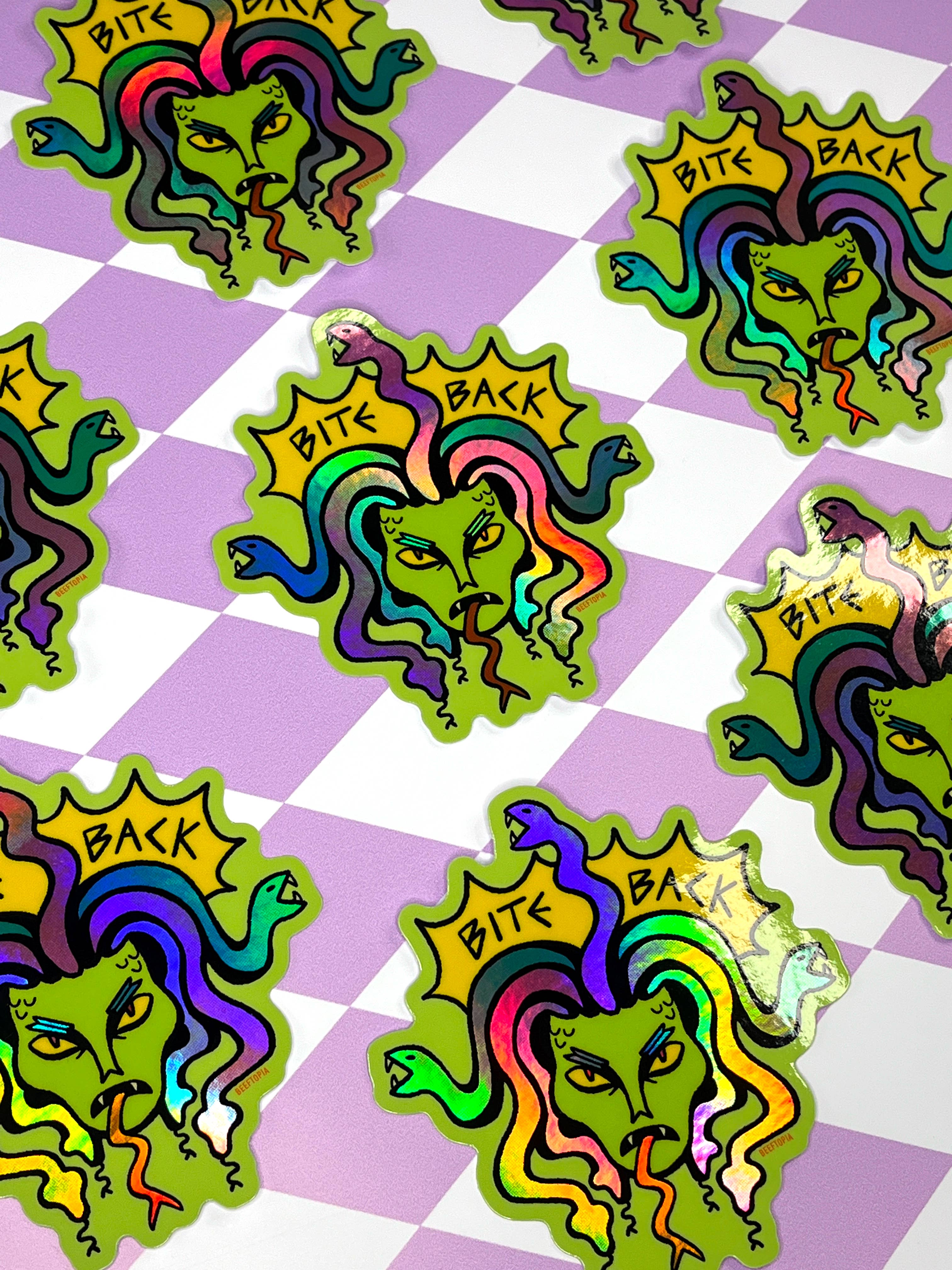 Beeftopia – wholesale Sticker – Bite Back Medusa Vinyl Sticker | Large Holographic Decal1