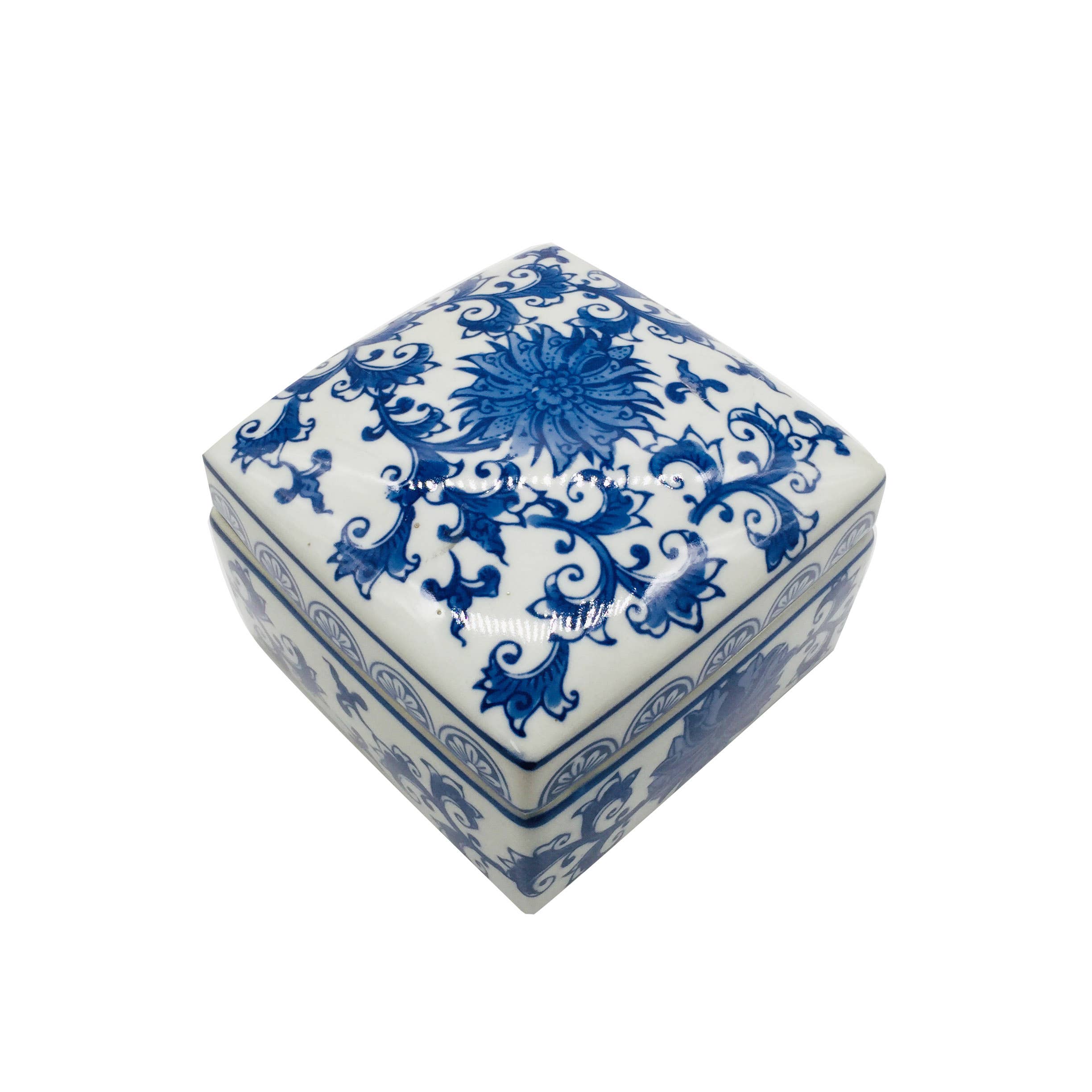 Galt International Company - Wholesale Decorative Box - Blue & White Chinoiserie Square Ceramic Box - Lotus1