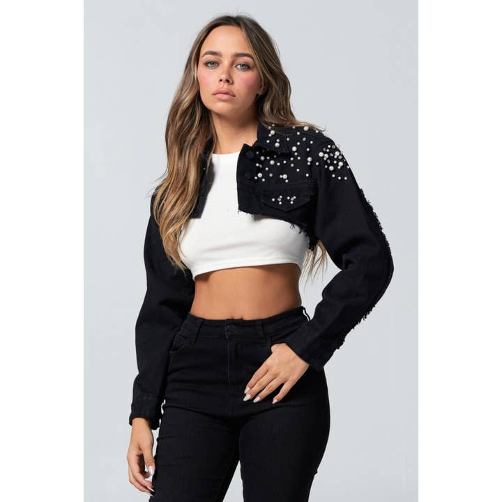 Diamond Pearl and Rhinestone Super Crop Denim Jacket Black JK2207 for wholesale by Blue Turtle