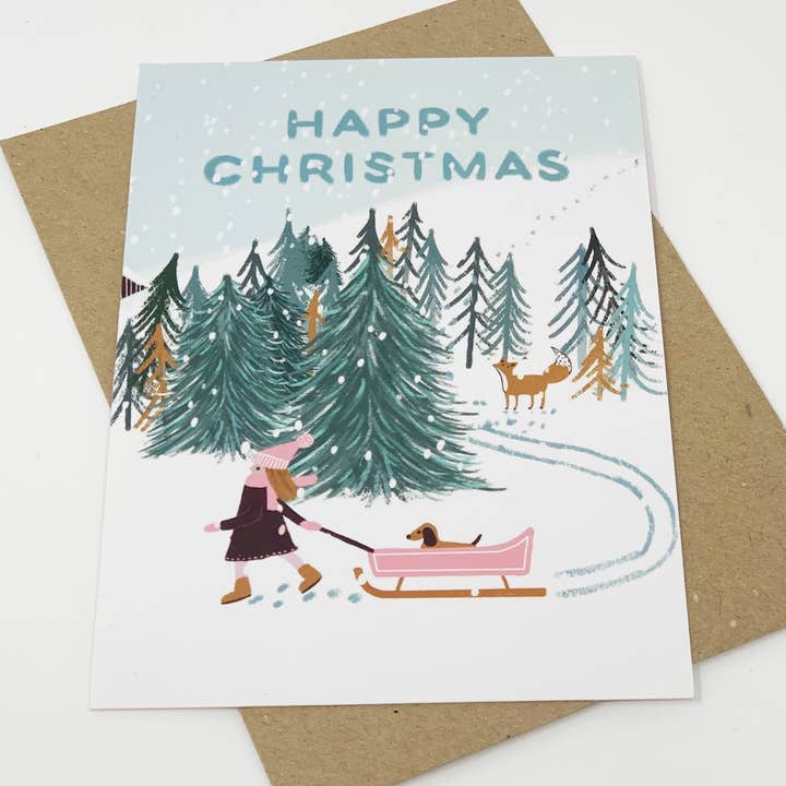 Lomond Paper Co - Wholesale Christmas Card - Girl Looking for Christmas Tree - Happy Christmas4