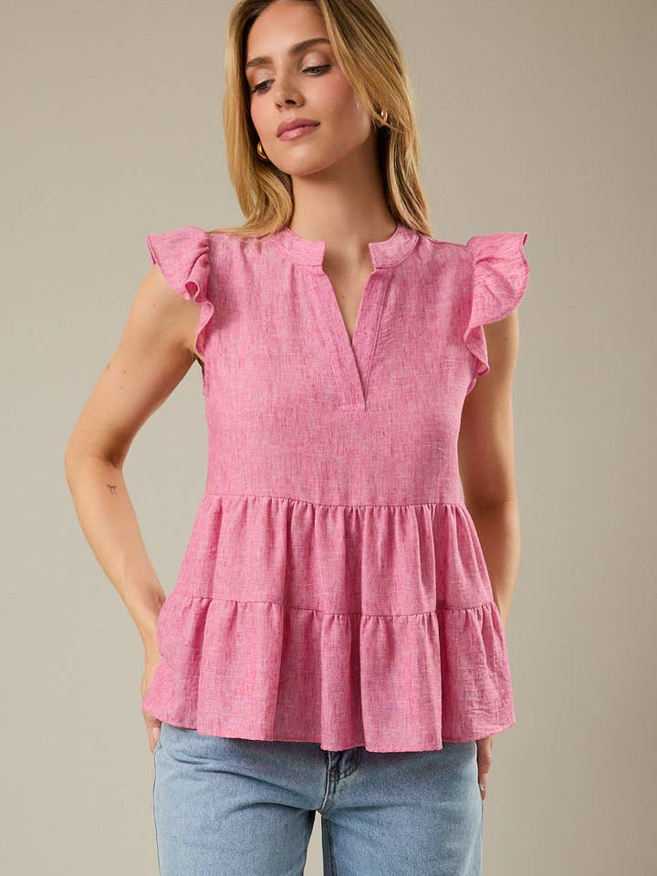 Haut à encolure fendue, manches à volants et ourlet évasé pour la vente par GILLI