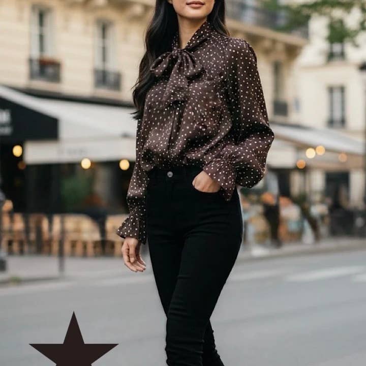 ELBCHO Italian One Size Choco Polka-Dot Satin Bow-Tie Blouse for wholesale by LOOWIE