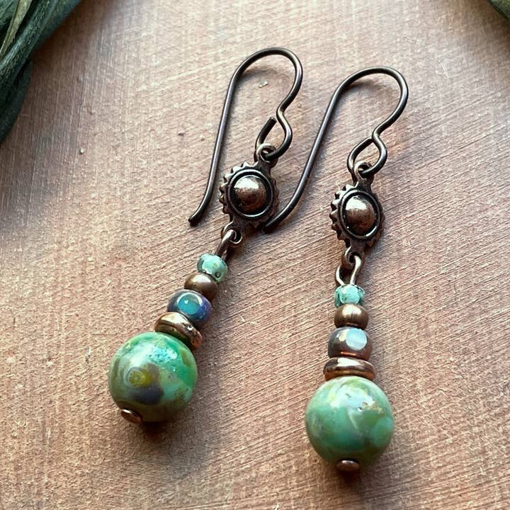 Earthy Boho Earrings Rustic Copper Turquoise Glass & Niobium for wholesale by Vintage Earth