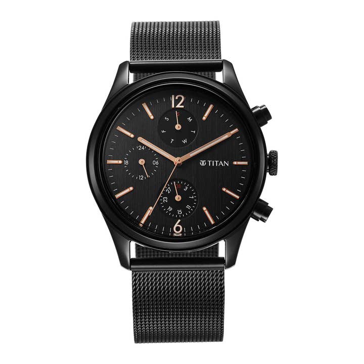 Titan Neo Noir & Or Quartz Analogique avec Jour et Date Cadran Noir Bracelet en Acier Inoxydable Montre pour Homme pour la vente par Titan