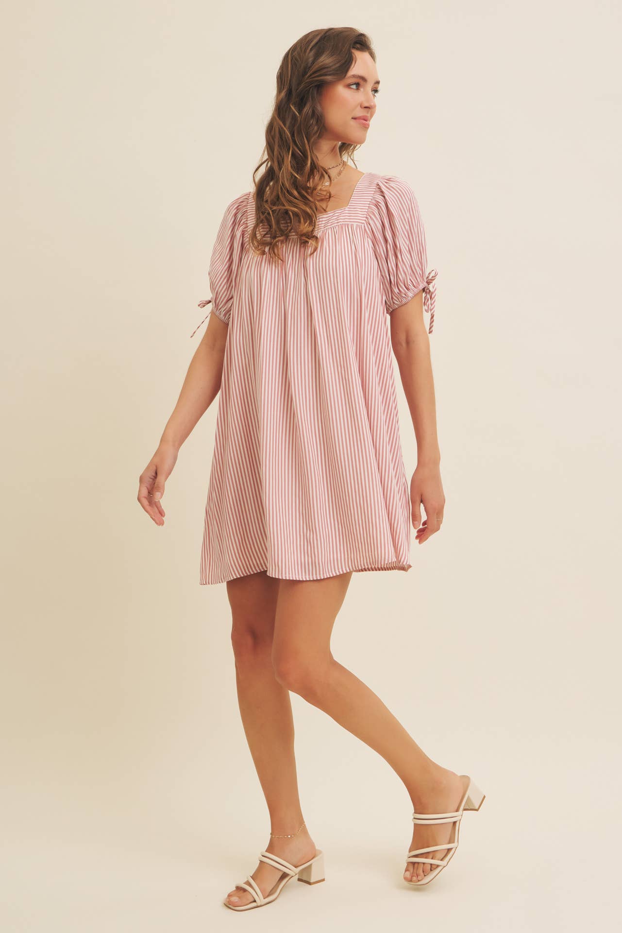 in february - Wholesale Dress - Women's - SQUARE NECK STRIPE FLARE MINI DRESS WITH BOW ON THE SLEEVES12