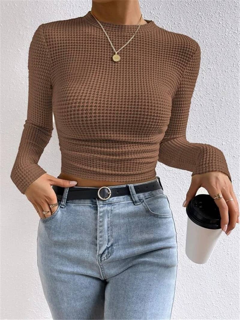 Rosa Clothing - Wholesale Knit Top - Women's - Waffle slim fit crewneck long sleeve t-shirt11