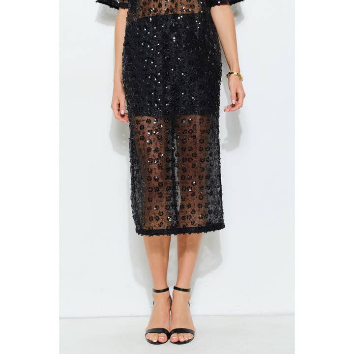 INA - Wholesale Skirt - Women's - Floral Sequin Embroidered Mesh Midi Skirt