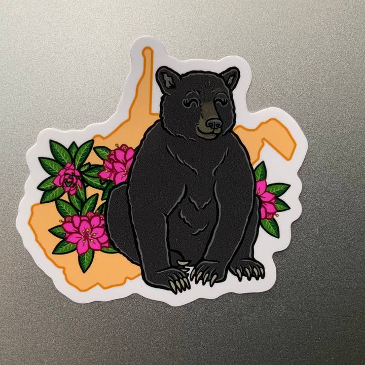 Sticker: West Virginia American Black Bear and Rhododendron for wholesale by Thruhalia's Art