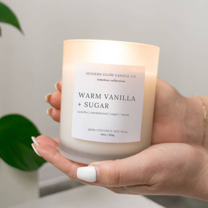 Modern Glow Candle Co. - Wholesale Jar/Filled Candle - Warm Vanilla + Sugar - 10oz Frosted White Soy Candle0