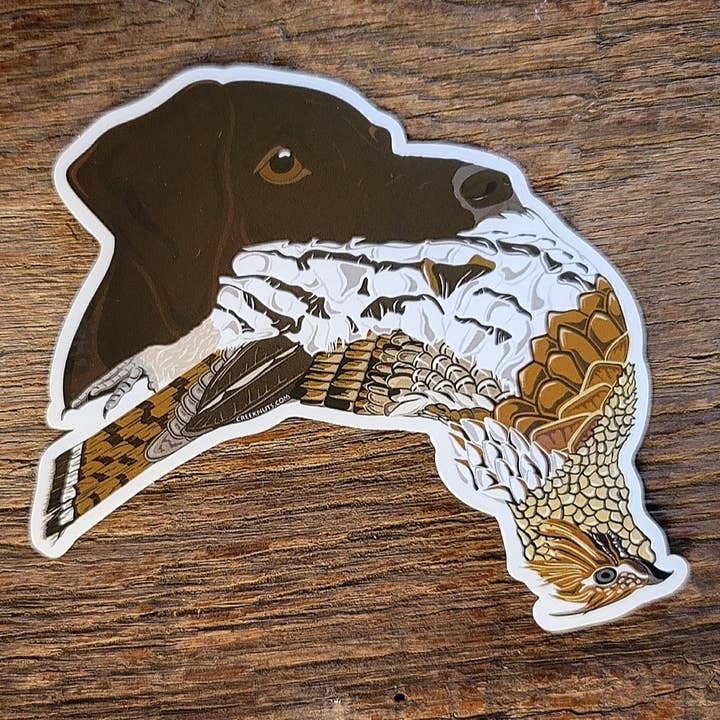 Liver German Shorthaired Pointer with Grouse Sticker for wholesale by creeknuts.com